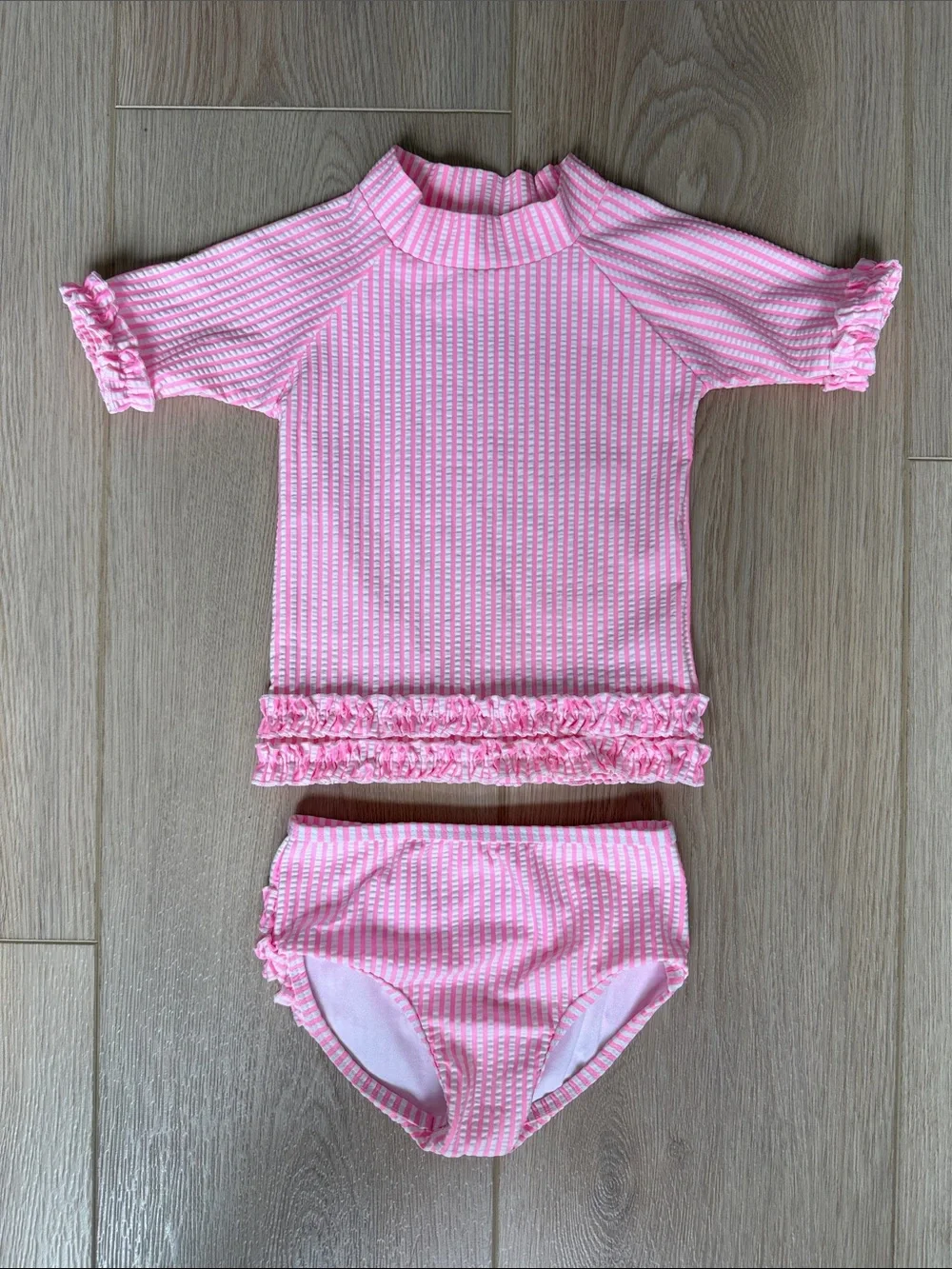 RuffleButts Neon Pink & White Striped Seersucker Rash Guard Swim Set 18-24M
